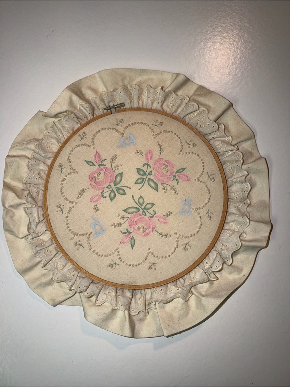 Vintage Hand Quilted 10.5” Embroidery Hoop Ruffle & Roses Wall Hanging #0836
